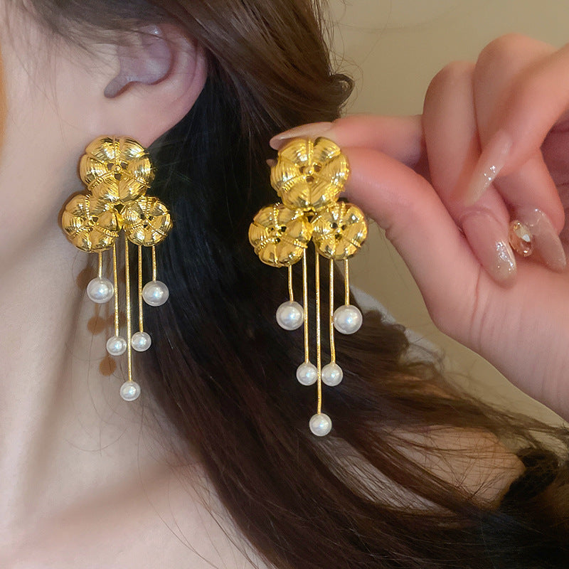LOTUS LEAF PEARL TASSEL EARRINGS