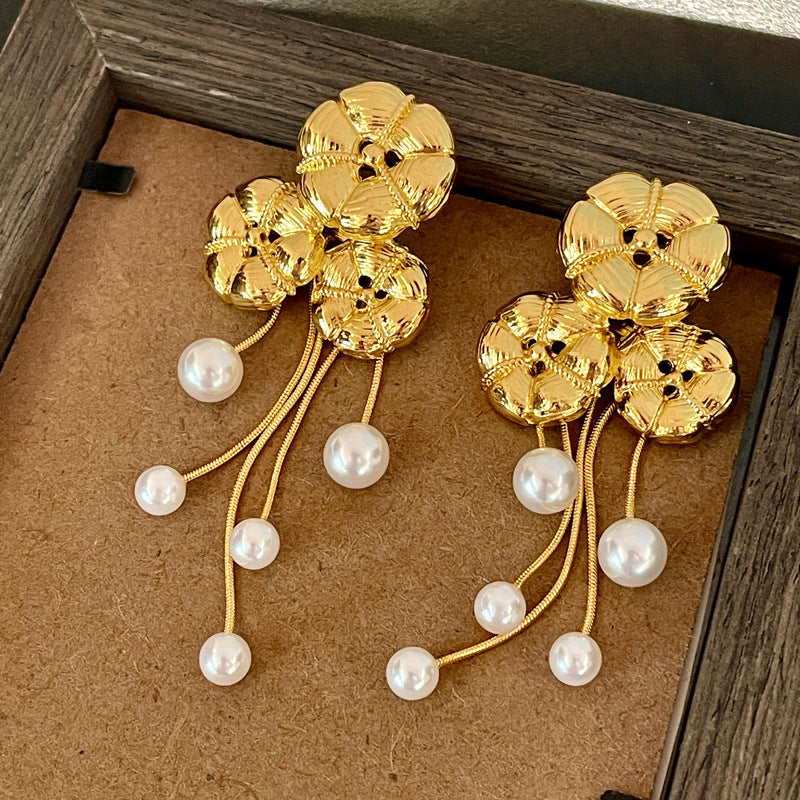 LOTUS LEAF PEARL TASSEL EARRINGS