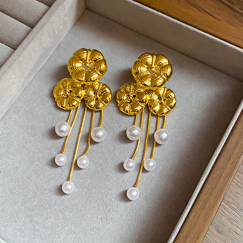 LOTUS LEAF PEARL TASSEL EARRINGS