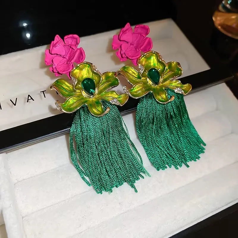 EXAGGERATED FLOWER TASSEL EARRINGS