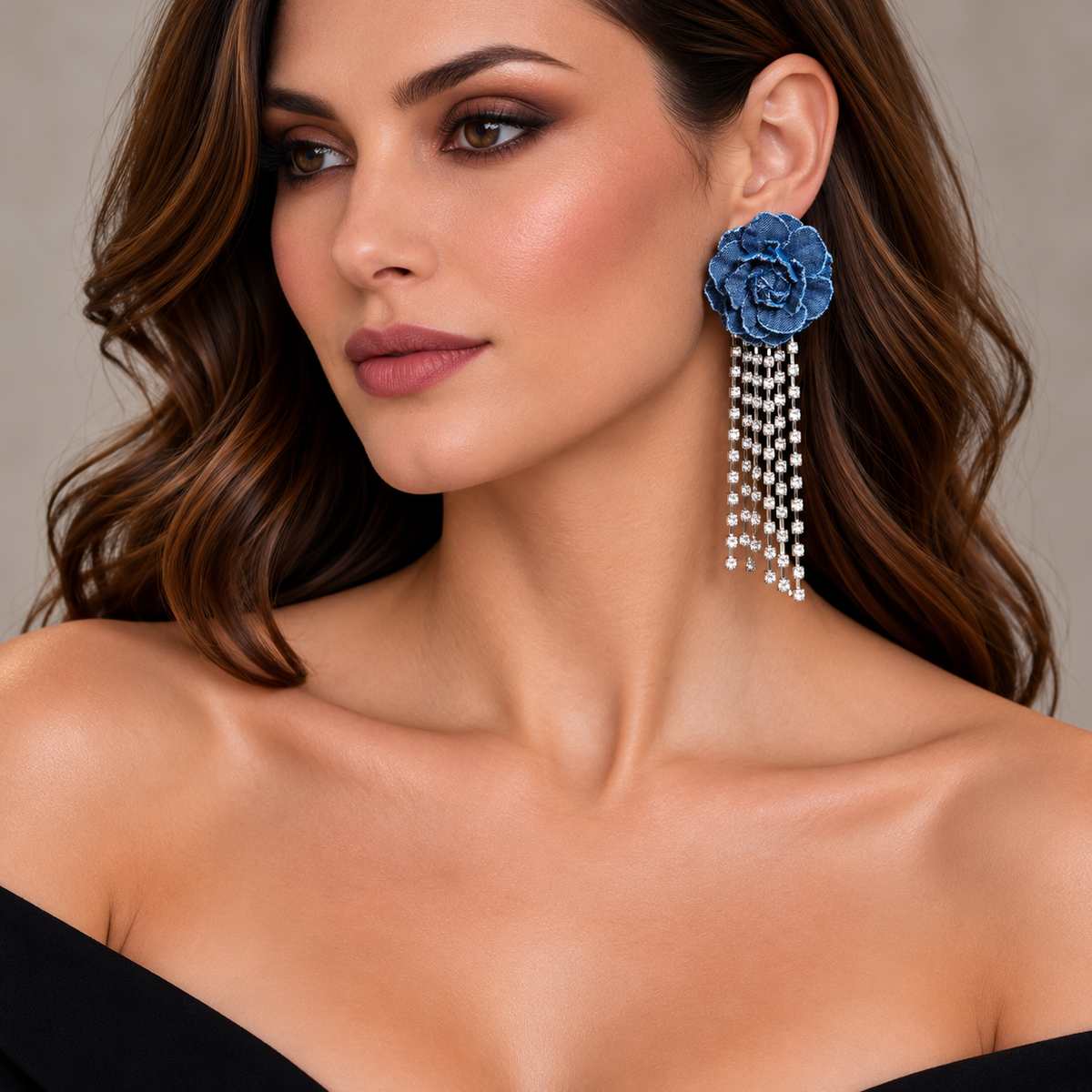 BLUE ROSE CRYSTAL TASSEL EARRINGS