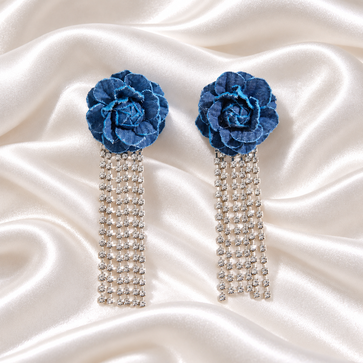 BLUE ROSE CRYSTAL TASSEL EARRINGS
