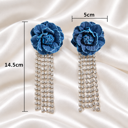 BLUE ROSE CRYSTAL TASSEL EARRINGS
