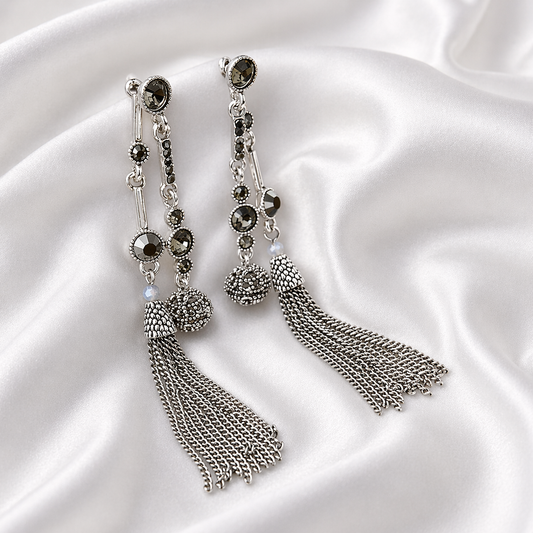 ROUND BALL LONG TASSEL EARRINGS