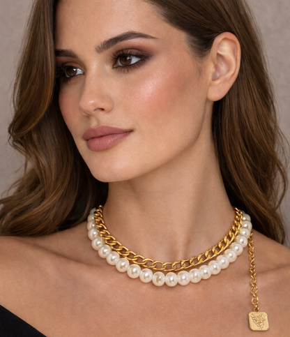 PEARL & GOLD  CHAIN LAYERED NECKLACE