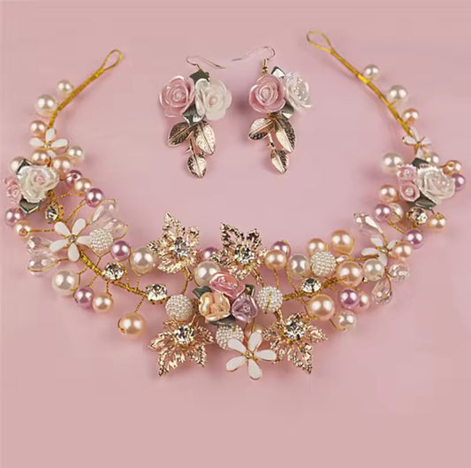 HAMDMADE FLORAL CROWN HEADBAND WITH EARRINGS